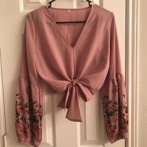 Pink Long Sleeve Low Cut Top